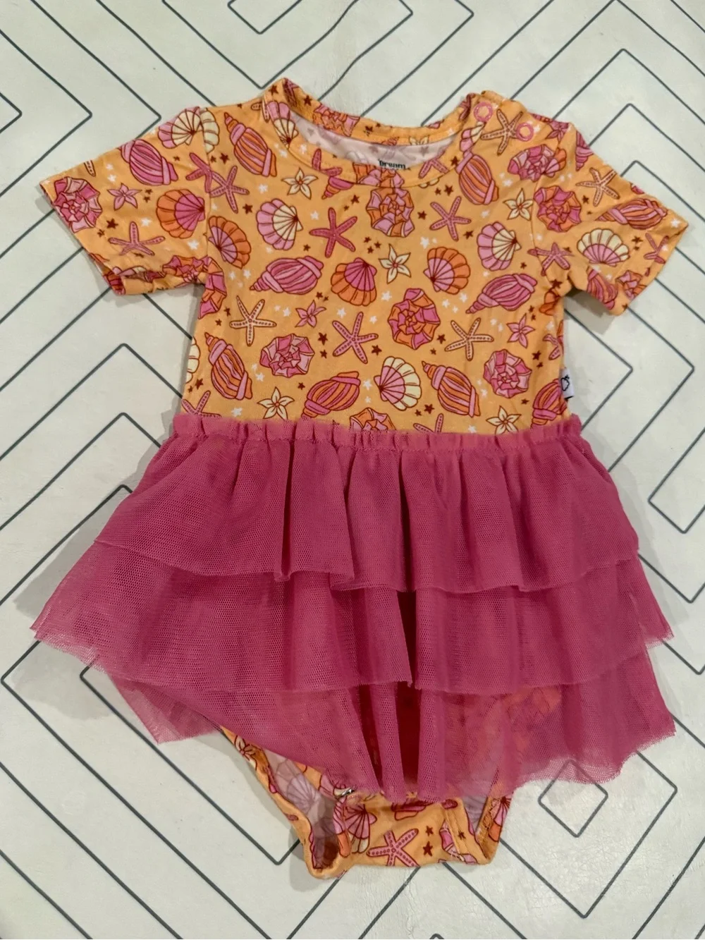 Dream Big Little Sea Shell Print One-Piece with Pink Tulle Skirt